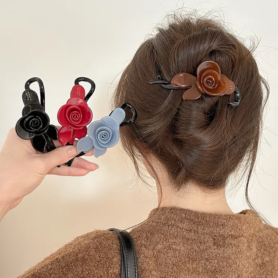 

Three Dimensional Rose Twist Hair Clip for Women Retro Ponytail Updo Holder Korean Elegant Daily Black