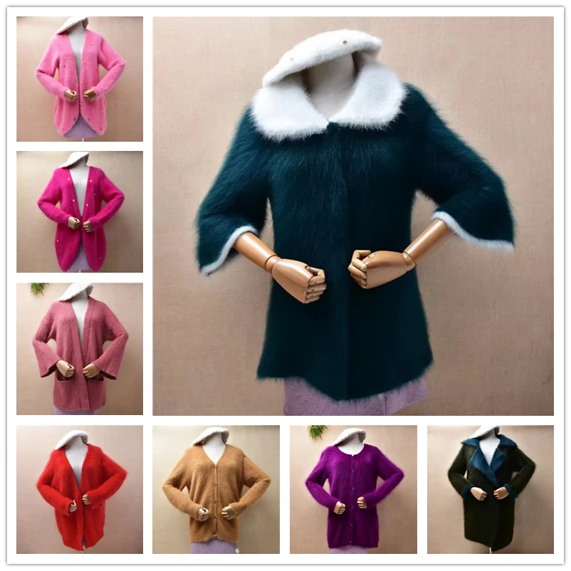 

Women Mujer Fall Winter Clothing Green Hairy Plush Mink Cashmere Knitted Turn-Down Neck Slim Cardigans Sweater Jacket Pull Tops