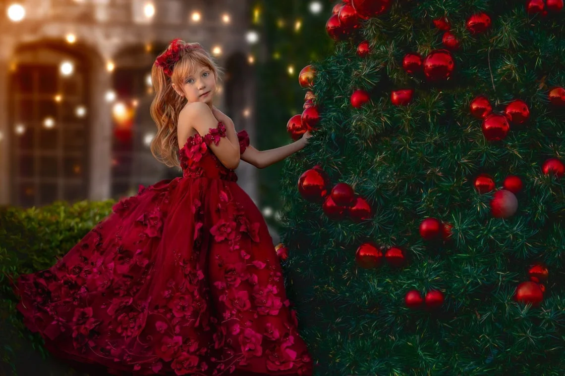 Vestidos largos de flores Burdeos para niña, vestido de fiesta de cumpleaños con perlas 3D, hombros descubiertos, tul para desfile, vestidos de Navidad para niños