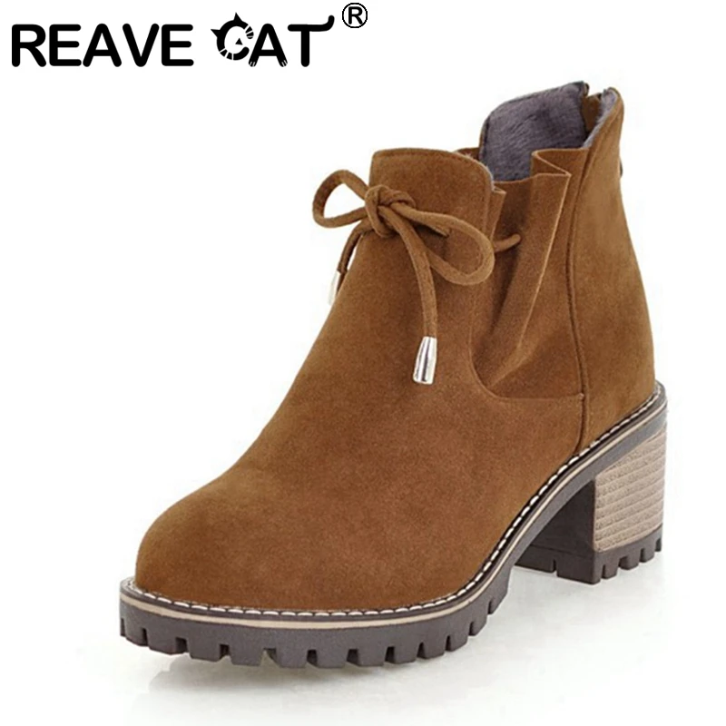 REAVE CAT 2021 Ladies Flock Ankle Boots Ankle Strap Round Toe Platforms 6CM Chunky Heel US12 Black Beige Grey Yellow A4406