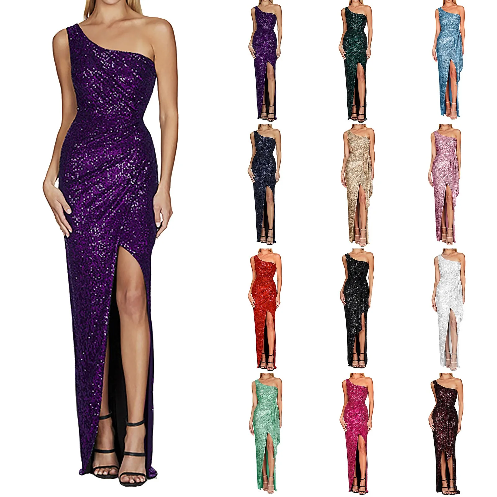 Women‘s Dresses Sexy One Shoulder Bodycon Evening Dresses Sequined Irregular Prom Dress Cocktail Birthday Party Welcome Dress