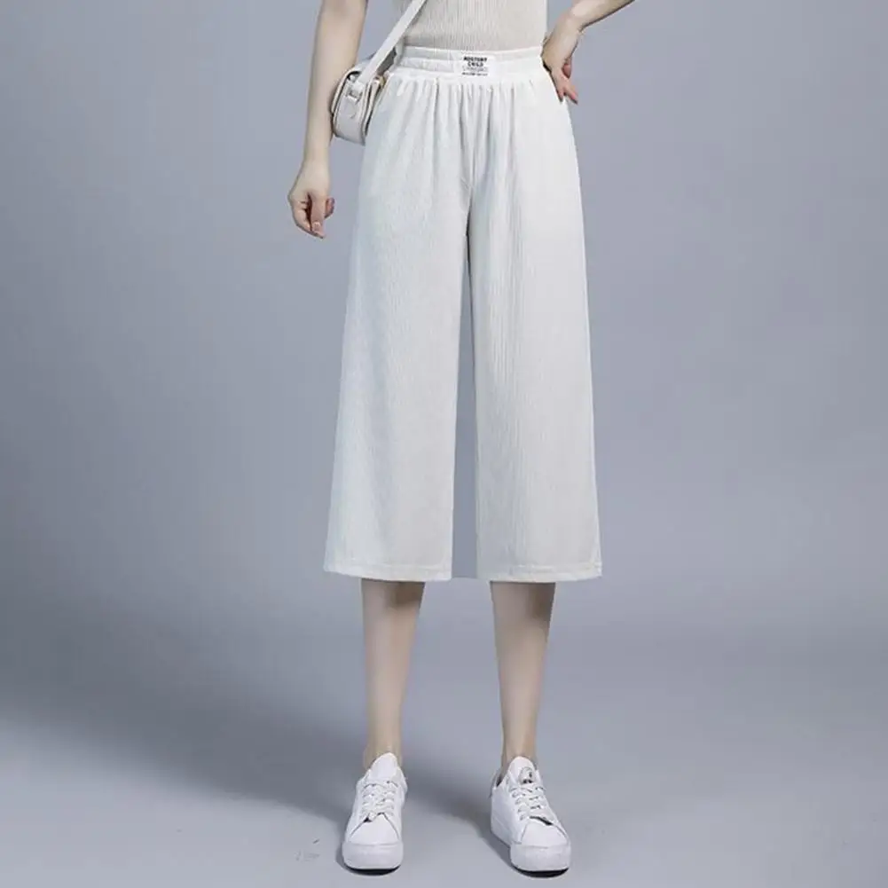 

Women Cropped Pants Stylish Summer Cropped Pants with Elastic Waist Pockets for Women Wide Leg Loose Fit Mid-calf Length Pants