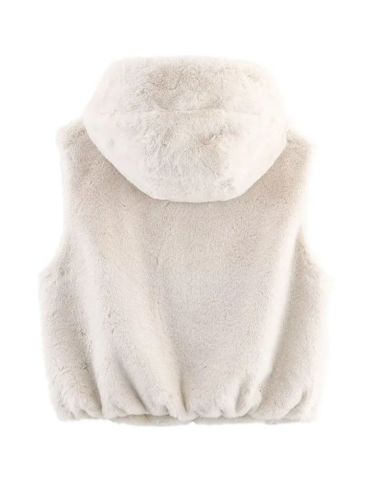 HH femmes hiver nouvelle mode à capuche fausse fourrure effet gilet tempérament féminin décontracté polyvalent chaud fermeture éclair haut sans manches