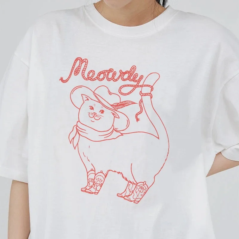 Cute Meowdy Cat Watch Out Short Sleeve T-shirt Women Cat Print Tops Cat Will Save The World Cartoon Casual Summer Tops Tees