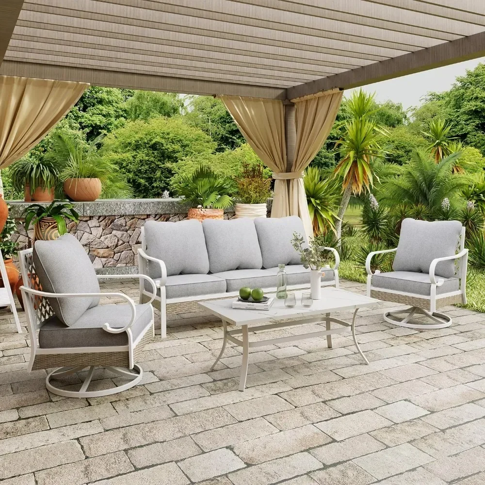 Patio Furniture Set,  2 x Swivel Chair, 1 x 3Seat Sofa with Marbling Coffee Table, 5 Seats Outdoor Conversation Set