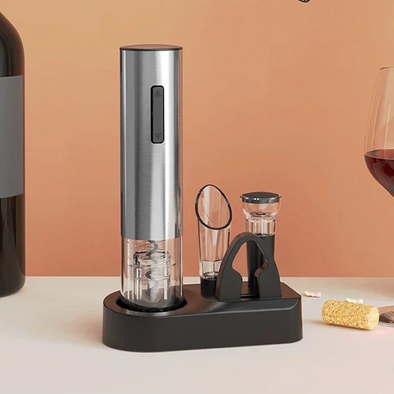 4-in-1 elektrisches Weinöffner-Set, wiederaufladbarer automatischer Korkenzieher-Flaschenöffner mit Folienschneider, Ausgießer, Vakuumstopfen, Aufbewahrungsbasis