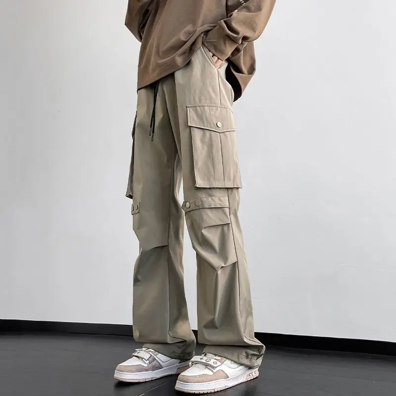 Drawstring Solid Color High Waisted Pockets Button Elastic Casual Loose Men\'s Clothing Spring Autumn Cargo Trousers Pants