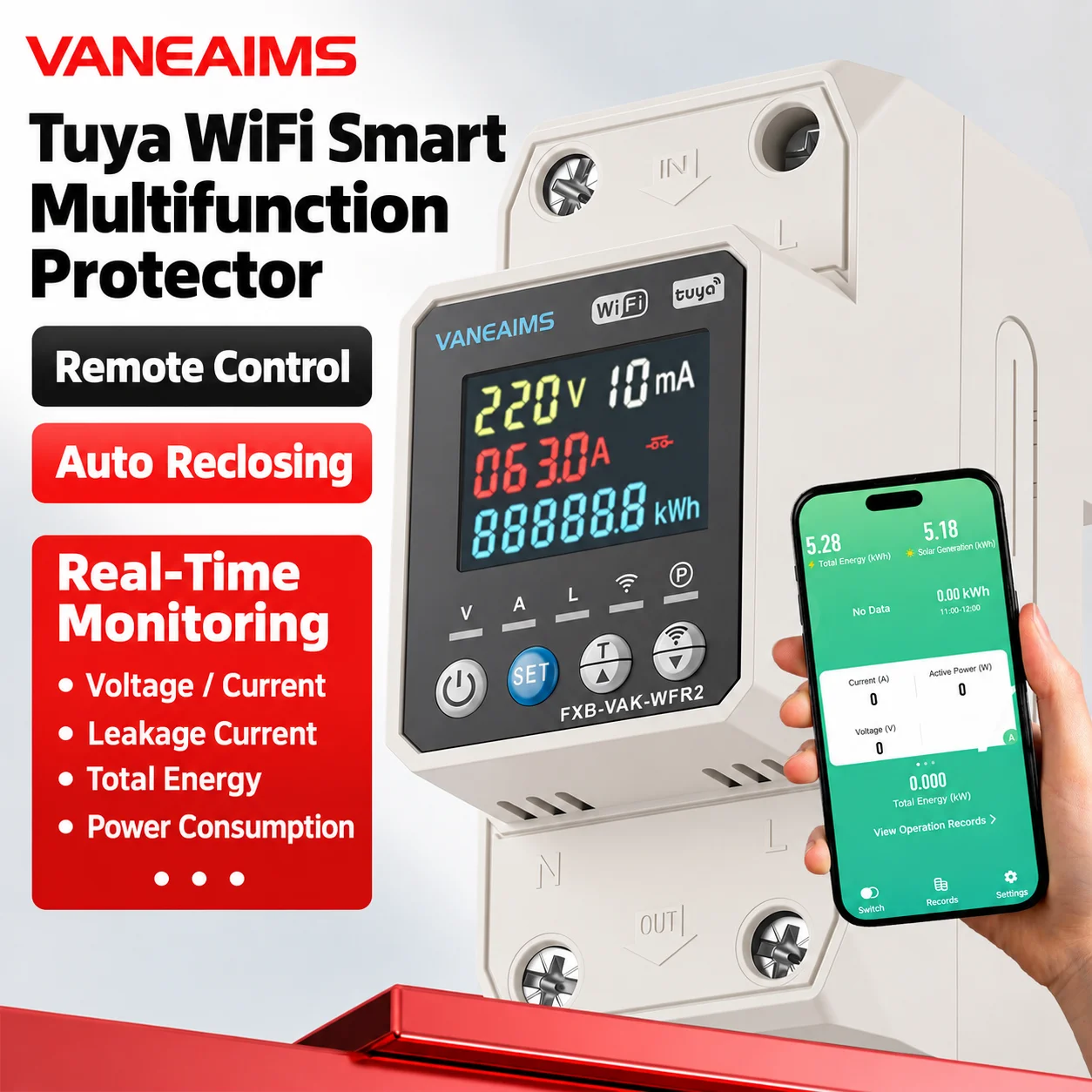 2P 63A Tuya WIFI Smart Life Switch kWh Metering Circuit Breaker Timer with Over/Under Voltage Current and Leakage Protection