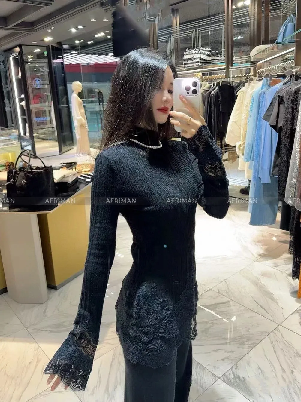 

Women Lace Wool Bottoming Sweater Half High Neck Flare Sleeve Slim Wool Pullover