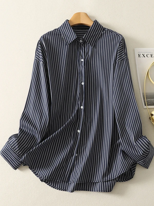 Lâche décontracté rayé irt grande taille femmes simple bouton Long Sve col rabattu ouvert Cardigan haut printemps Faion