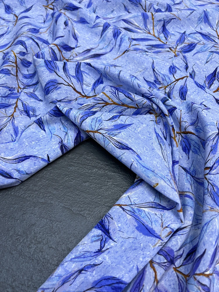 Summer Leaves Slightly Blue Silk Stretch Double Georgette Wrap Skirt Dress Fabric 93% Mulberry Silk, 7% Spandex 18 Momme