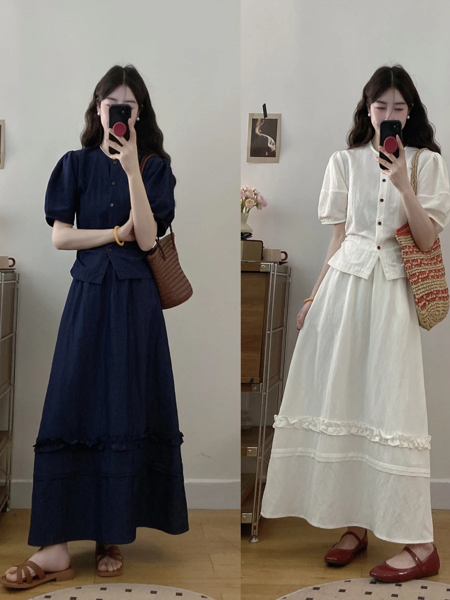 

plus Size Korean Style Summer Outfit Set Women's Bubble Sleeve Shirt High Waist Half Skirt Two Piece Set Casual round Neck ...