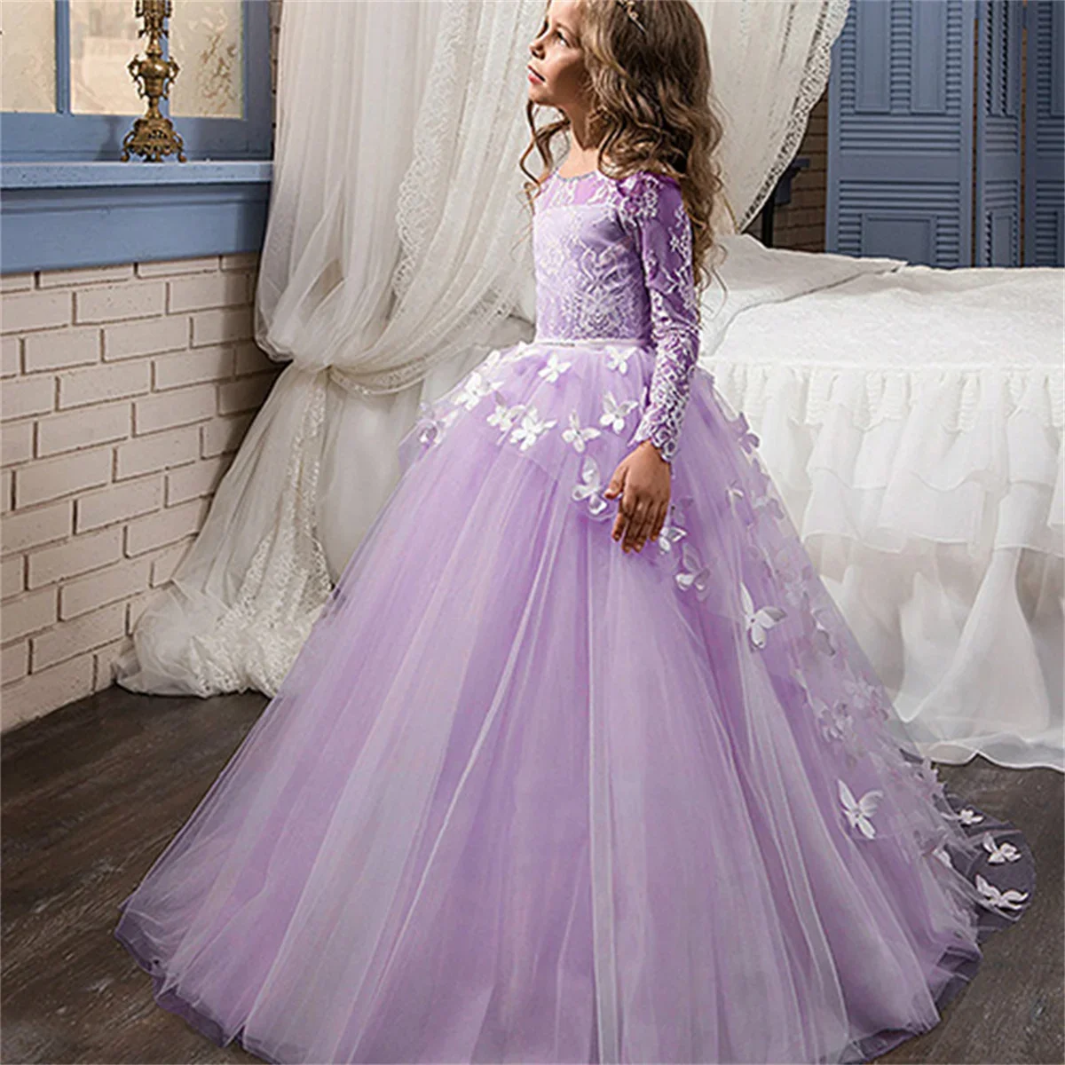 Robes de première communion à manches longues pour enfants, nœud en tulle, robe de demoiselle d'honneur de princesse imprimée, robe de Rhde fête de mariage, cadeau surprise