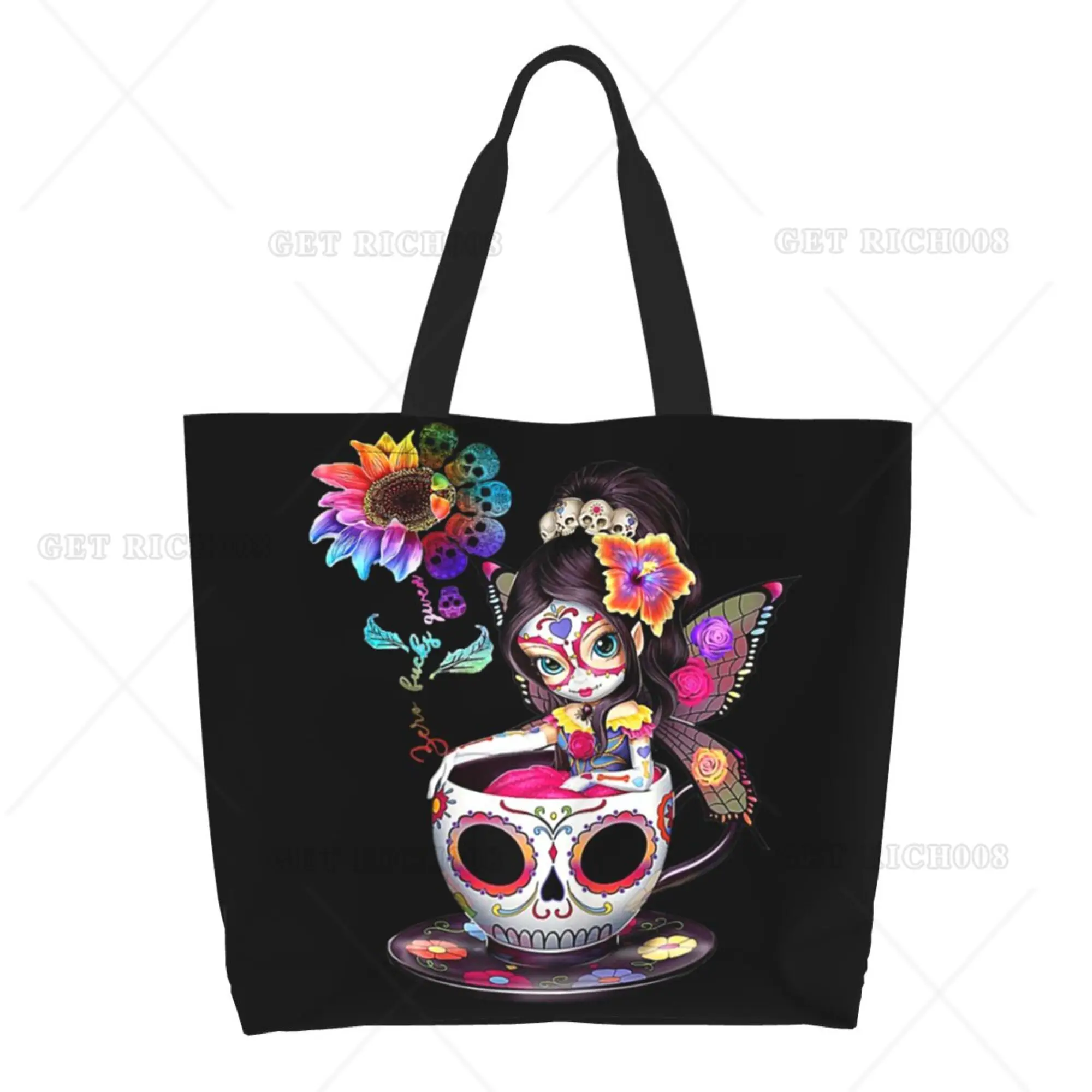 Bolsa de compras de ombro para mulheres, sacola, sacola de compras reutilizável, Eco Bag, Suger, caveira, fada, colorido, compras, piquenique, supermercado