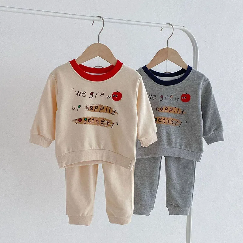 1-4T Baby Clothing Sets 2024 Autumn New Cotton Infant Boys\' Letter Apple Printed Sportswear Girls\' Fashion Top and Pants 2Pcs