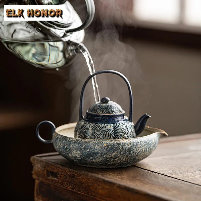 340ml Antique Gold Sprinkled Pot Bearing Holder Blue Rock Glazed Teaware Heat Insulation Water Storage Dry Bubble Table Tea Tray