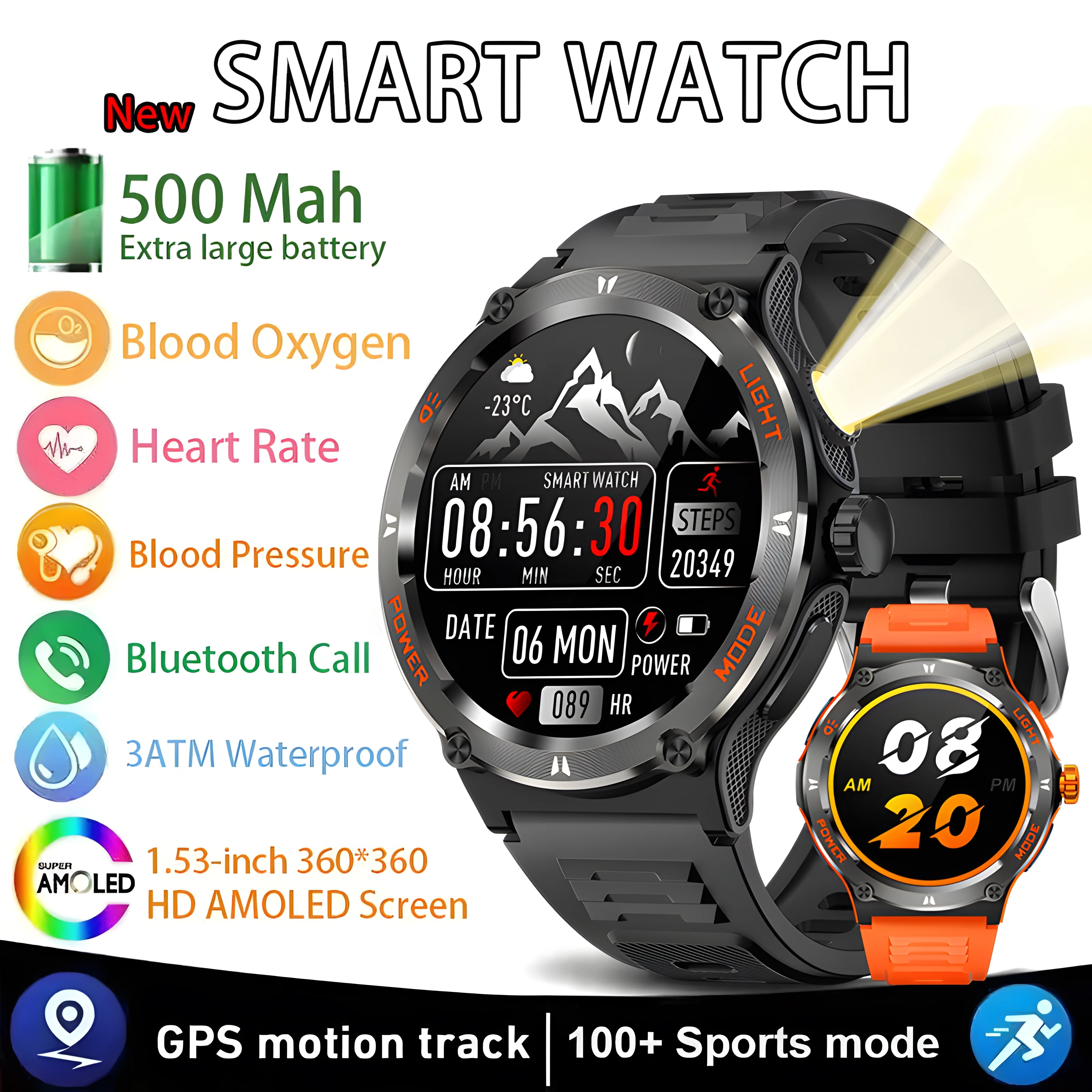 2024 New For Xiaomi Huawei  Men Outdoor Smartwatch Rugged Military Bluetooth Call GPS Track 500Mah 3ATM Waterproof Smartwatch