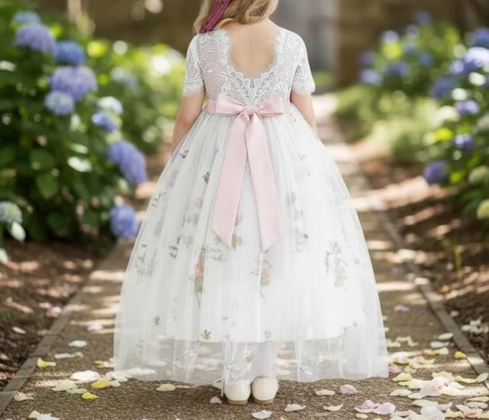 Custom Short Sleeve Floral Embroidered Lace Tulle Flower Girl Dress For Luxury Wedding Birthday Party Pageant Runway Formal Gown
