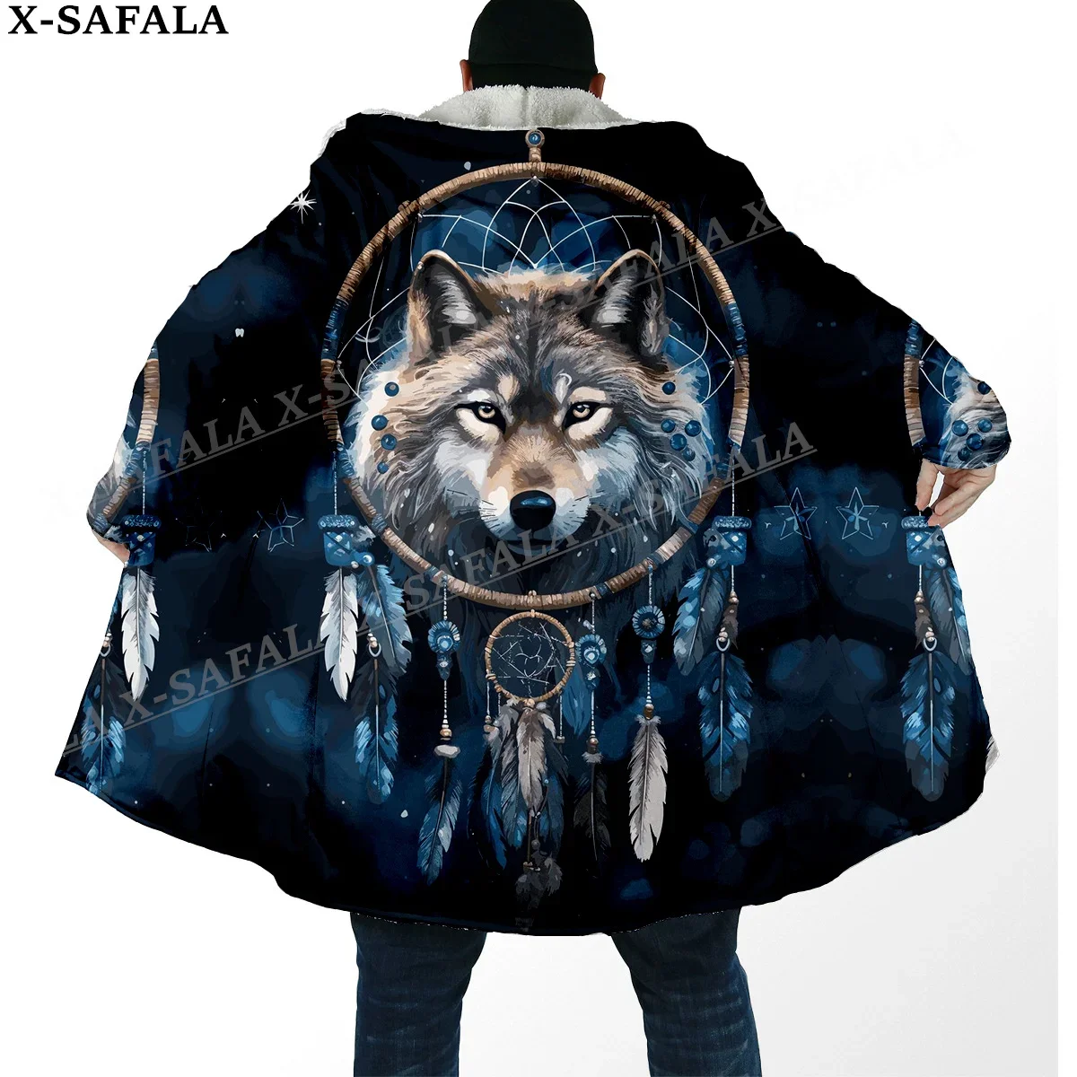 Tribal Native Chief Spirit Skull/Wolf Thick Warm Hooded Cloak Men Overcoat Coat Windproof Fleece Cape Robe Hooded Blanket-10