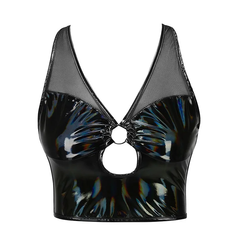 Splicing Mesh Bustier Overbust Steampunk Shiny PU Leather Corset with Halter Lace-Up Boned Body Shaper Club Crop Tube Top