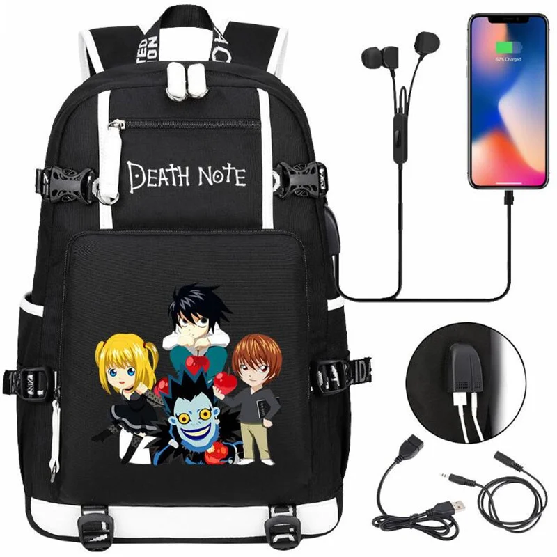 

Anime Death Note Backpack Teenarges Students Schoolbag Men Women Causal Black USB Charging Port Laptop Travel Bags Mochila