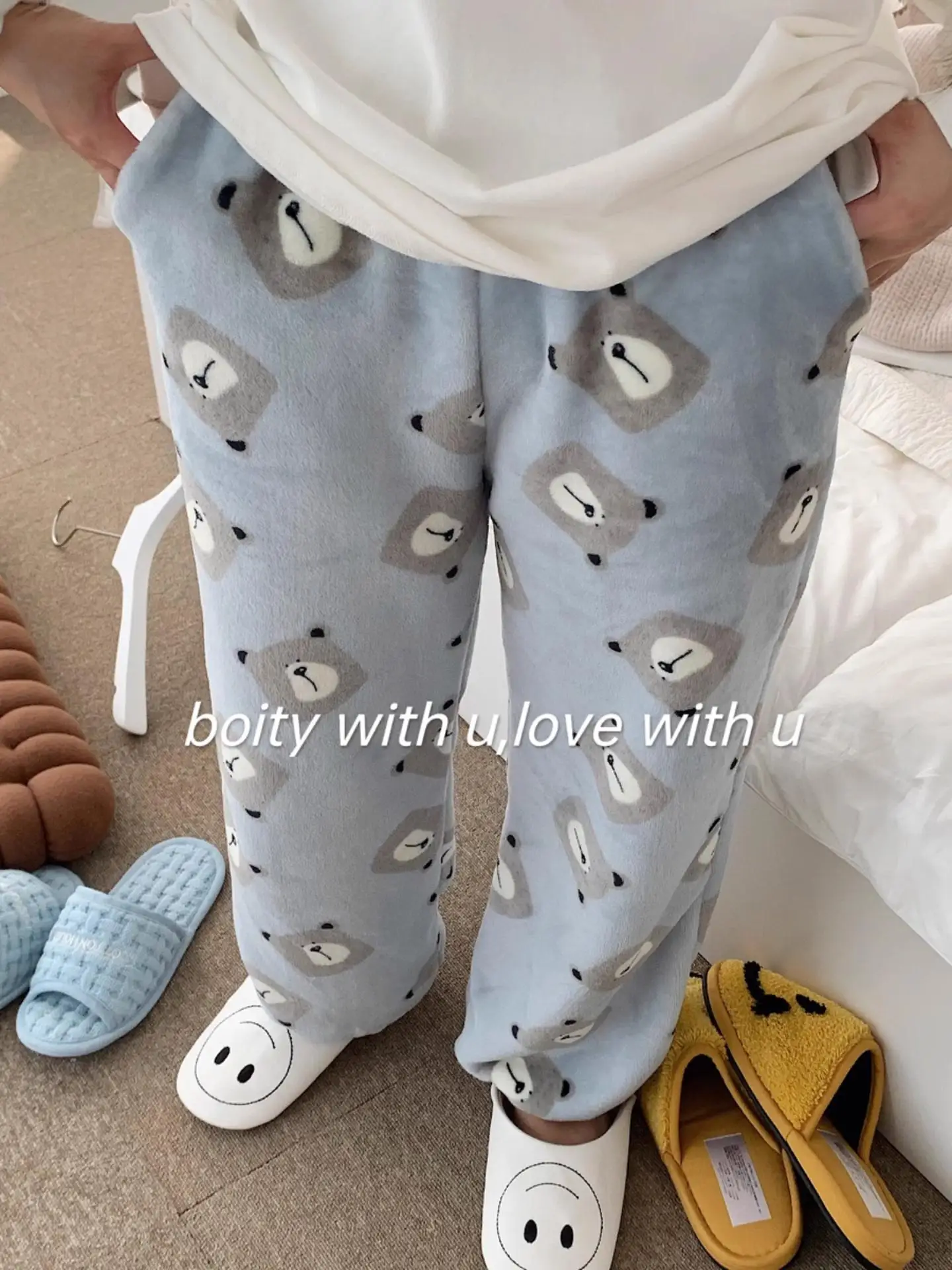 

Thiened Warm Bear Cartoon Spwear Women's Home Pants Long Pants Autumn Winter New Sle Cozy Fce Ladies' Leisure Trousers