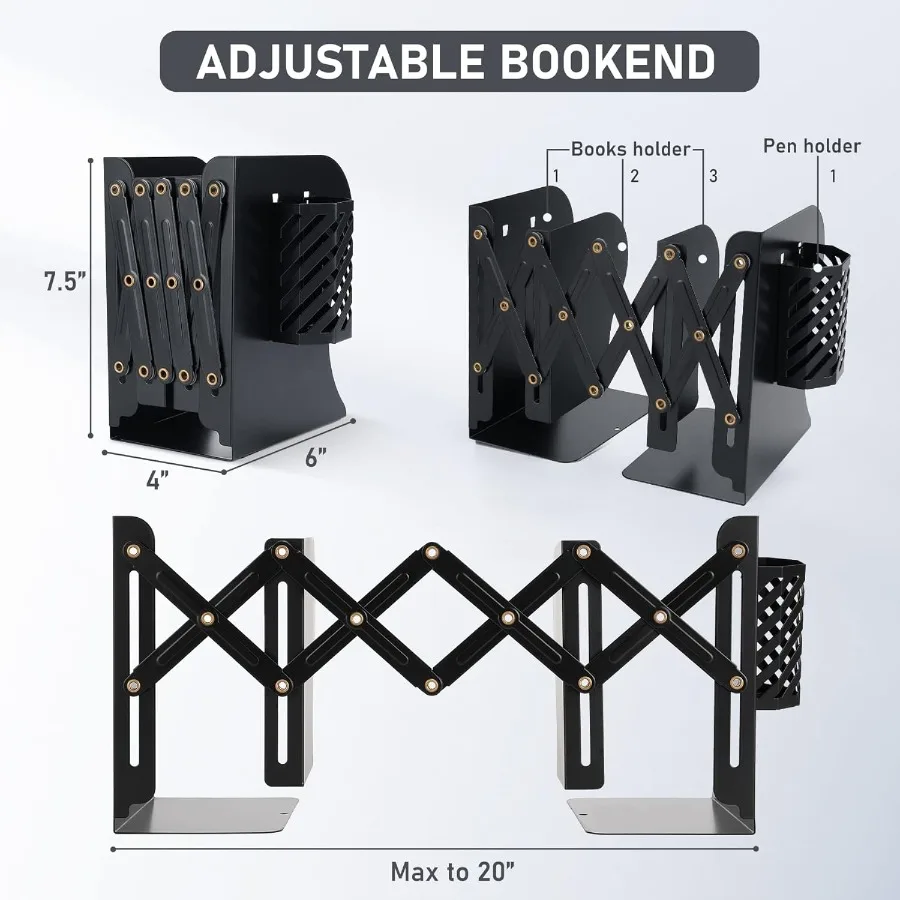 Book Ends Adjustable Metal Bookends Book Holde for Shelves Desk Magazine File Organizer Holder for Office Books Pape Extends up