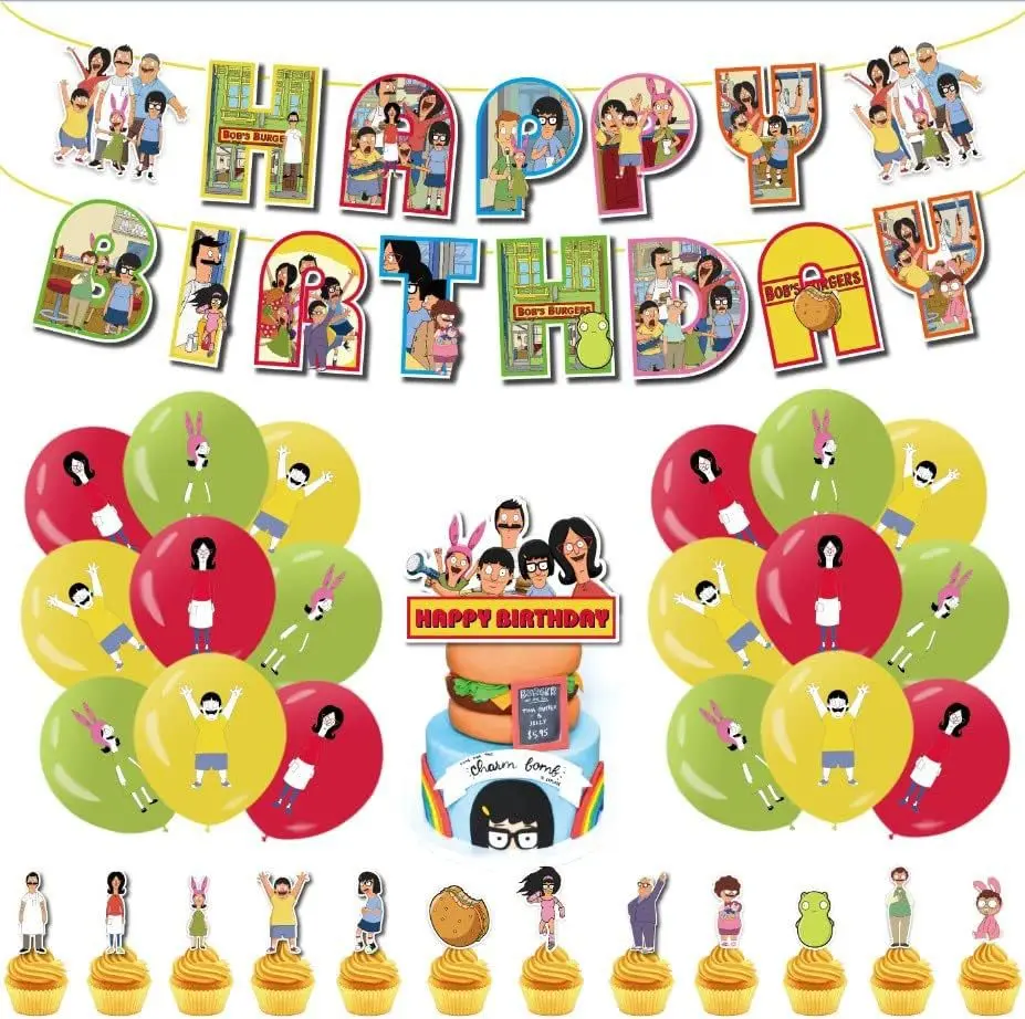Bob's Burgers Cartoon Theme Birthday Party Decorations，Birthday Party Balloons Cake Topper Cupcake Topper Banner for Kids Party