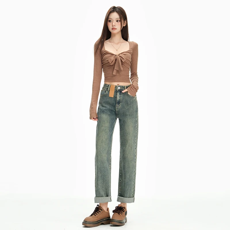 

Свободные женские джинсовые прямые повседневные брюки с высокой талией, весенний новый стиль, брюки-шаровары с девятью точками на бедрах