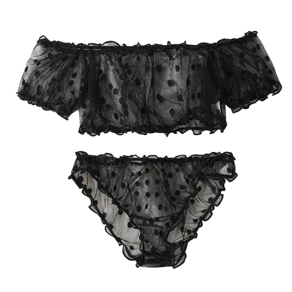 Women 2-Piece Lingerie Dot Embroidery Mesh Fancy Outfit Romantic Underwear Set Bra And Panty Sets