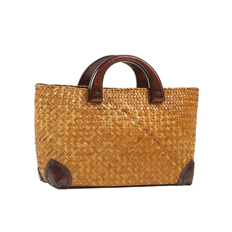 Handmade Seaweed Woven Bag Retro Rattan Straw Woven Handbag Beach Wooden Handle Rattan Tote