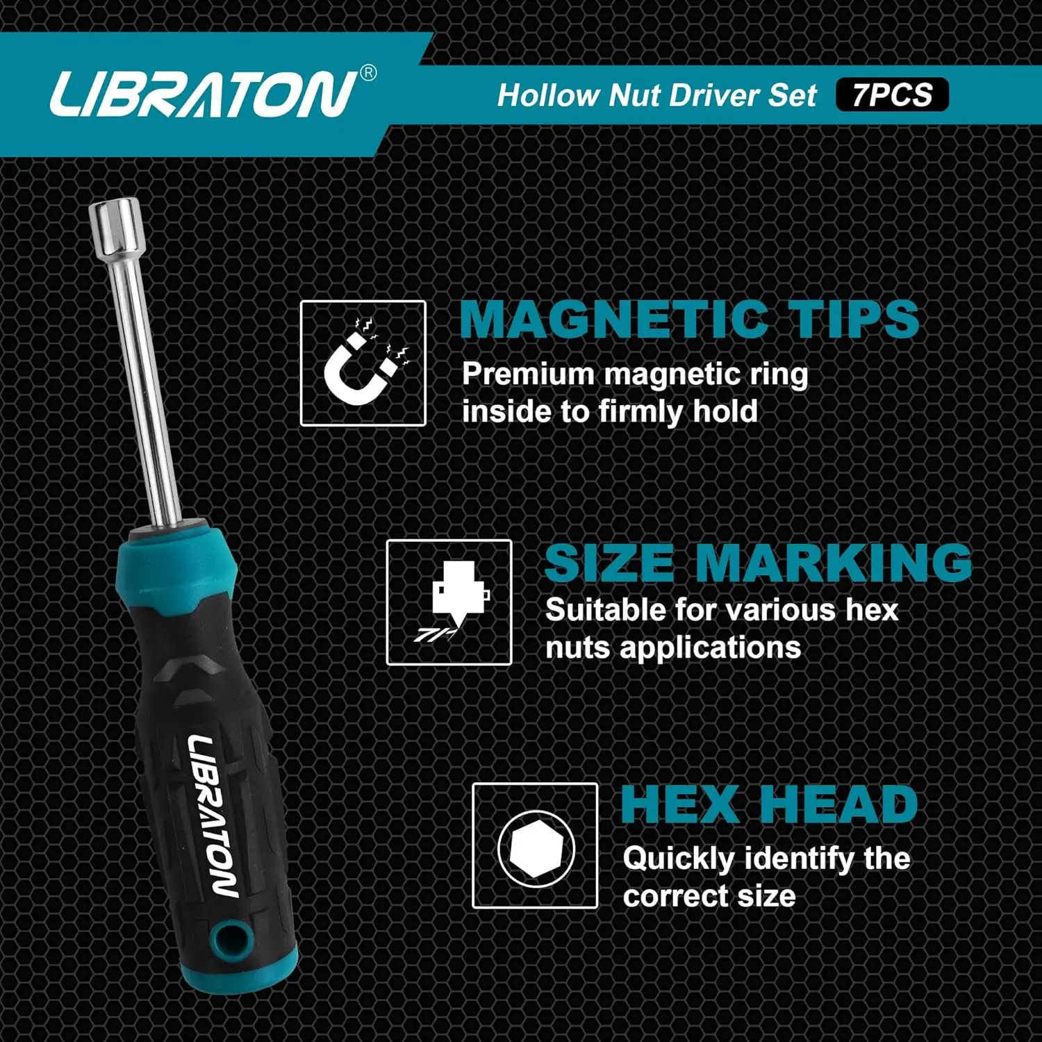 Libraton Hollow Nut Driver Set SAE, Magnetic Hex Nut Drivers,7-Pieces Standard Sizes 3/16, 1/4, 5/16, 11/32, 3/8, 7/16, 1/2 Inch