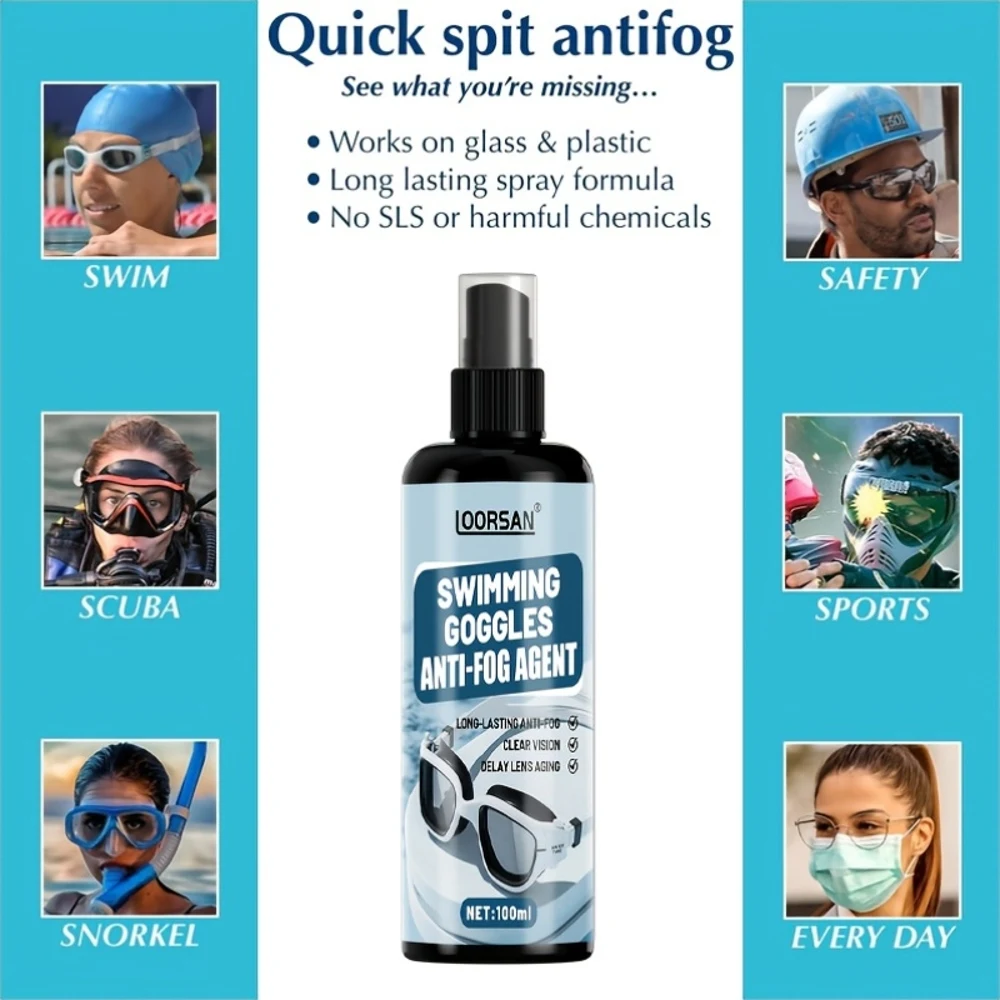 LOORSAN 100ML Goggles Anti-Fog Spray - Long Lasting Clarity, Fog Prevention for Swimming, Diving - Safe for Contacts, Athletes