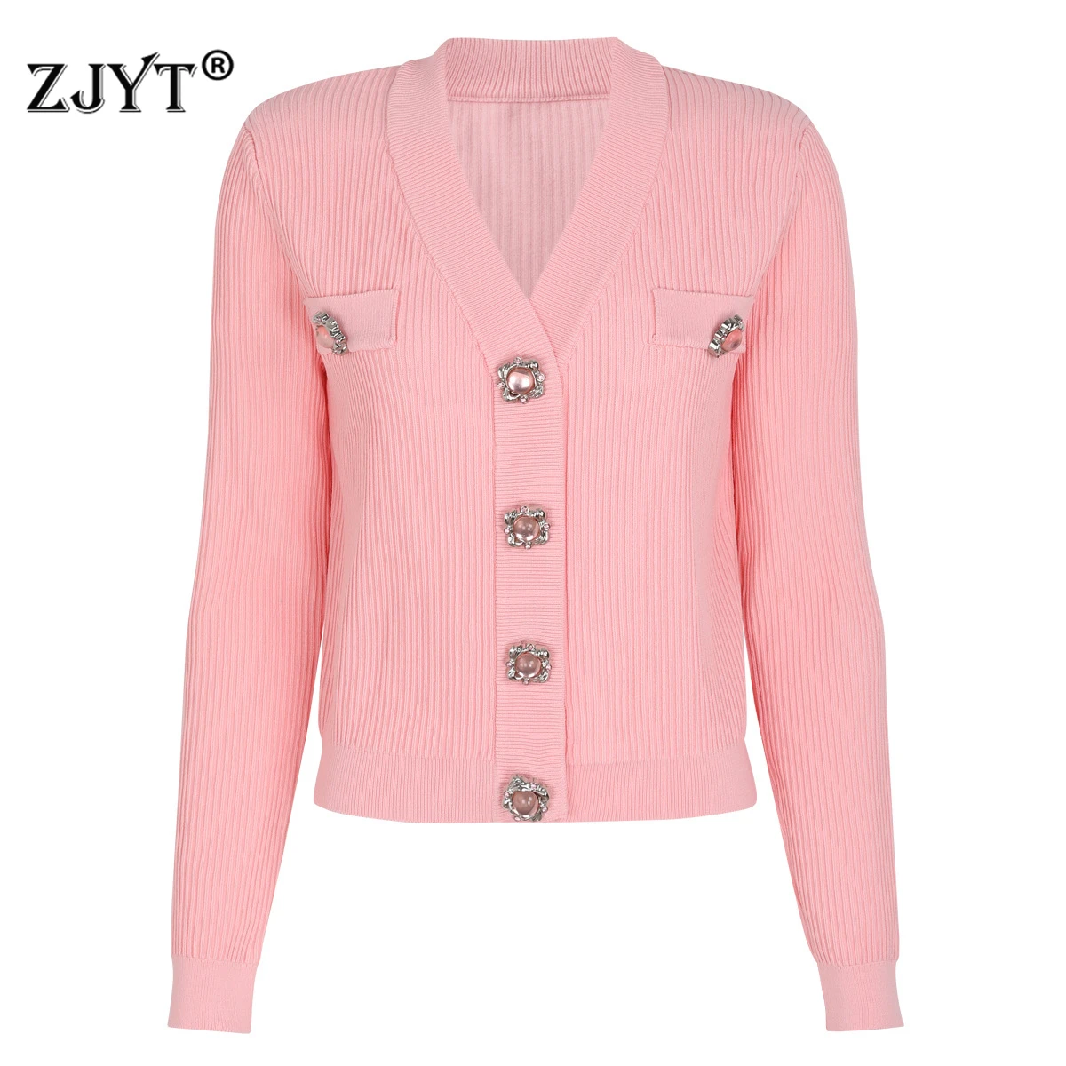 

ZJYT New Autumn Winter Women's Cardigans Sweaters V Neck Knitted Top Long Sleeve Elegant Casual Coat Female Knitwears Jersey