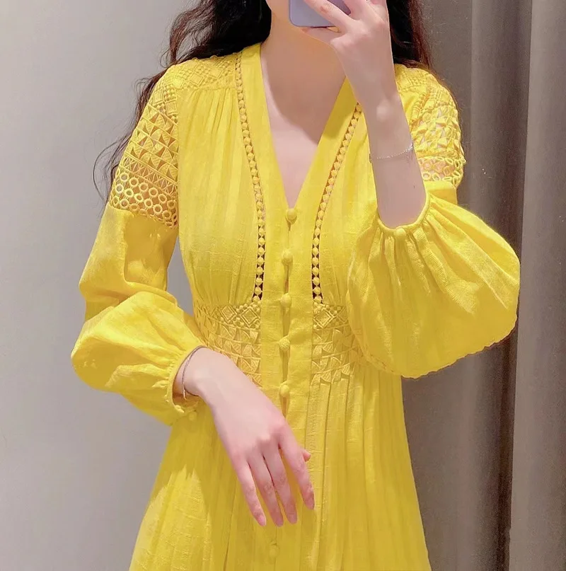 2023 woman new yellow maxi dress V-neck single-breasted puff sleeve patchwork elegant dresses for day and night party