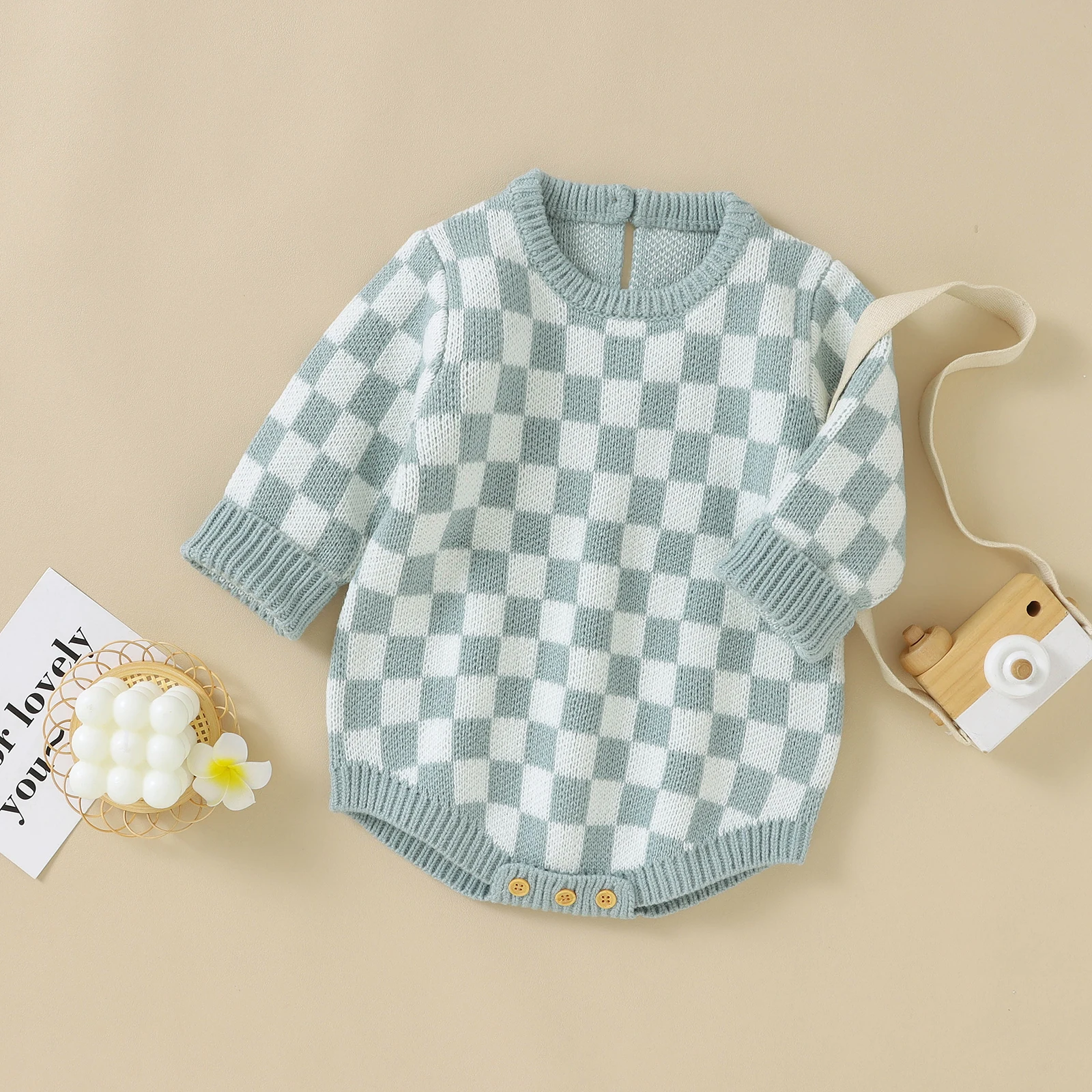 Infant Baby Girls Boys Sweater Romper Checkerboard Plaid bubble Long Sleeve Knitted Sweater Jumpsuits Fall Winter Bodysuits