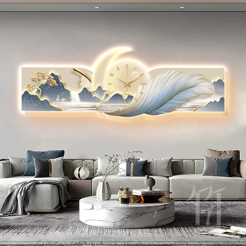 Luxury Wall Art with Clock and Light Feather and Mountain Design Modern Elegant Backdrop for Sofa Wall Unique Textured Decor