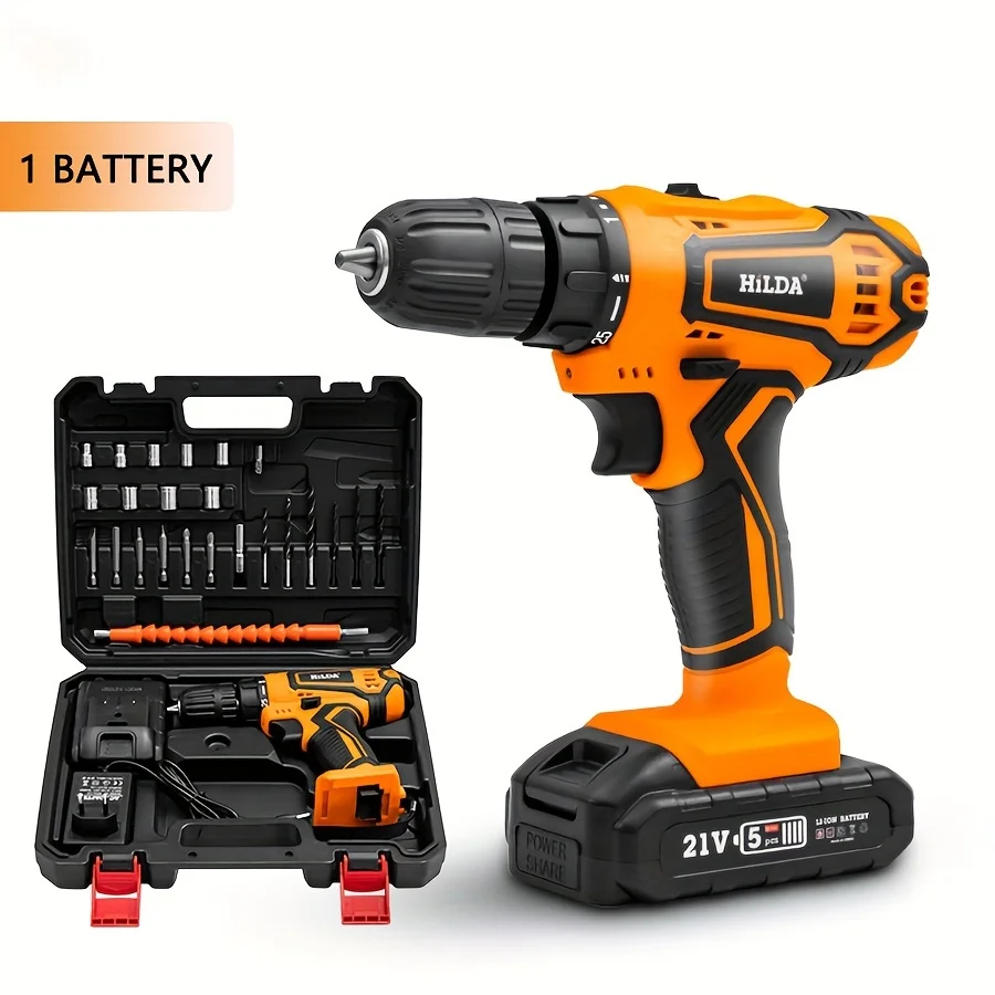 HILDA 21V Electric Drill Screwdriver Rechargeable Power Tools 25+1 Torque with 1 Battery Multi Functional Orange Drill