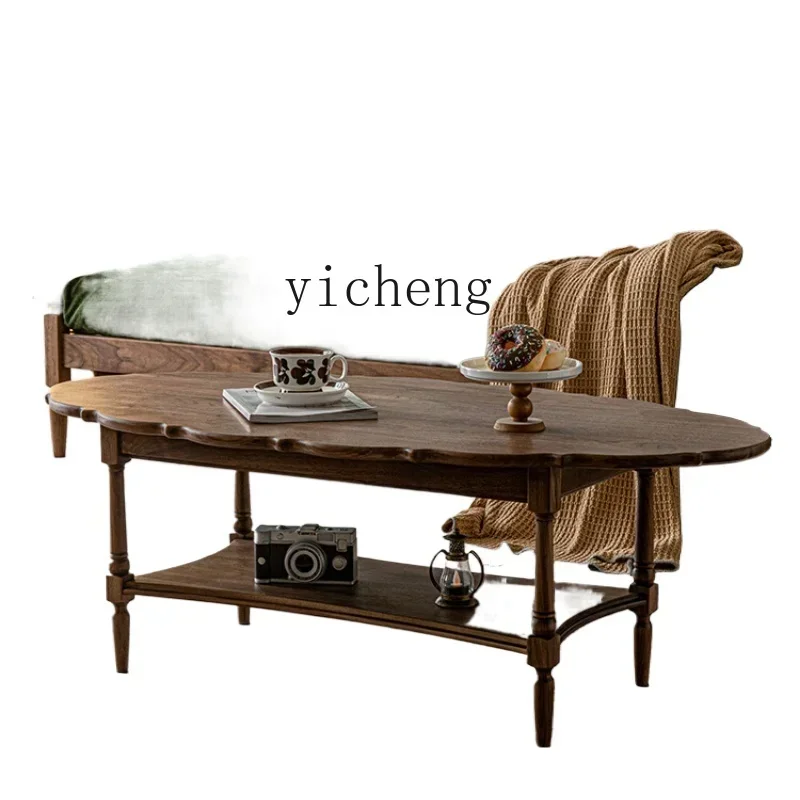 

Coffee Table Vintage Solid Wood Oval Double-Layer Low Table Living Room Home Small Apartment Tea Table