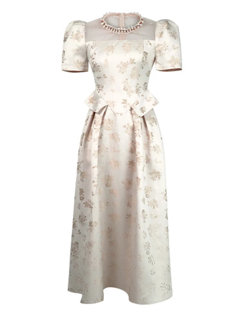 Women's French Luxury Noble Long Dress for Woman Sweet Sheer Mesh Splice Pearl Swing Robe Pockets Prom Party Vestidos Banquet