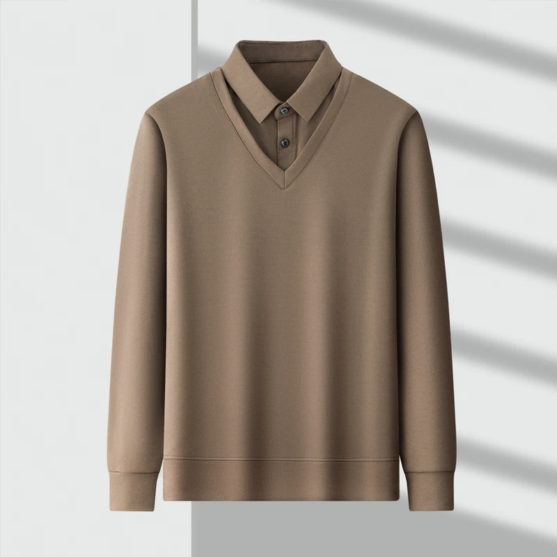 التصميم الأصلي جودة الرجال وهمية قطعتين الخريف التلبيب الياقة بلون طويل الأكمام تي شيرت الأعمال عارضة الاتجاه الرجالية