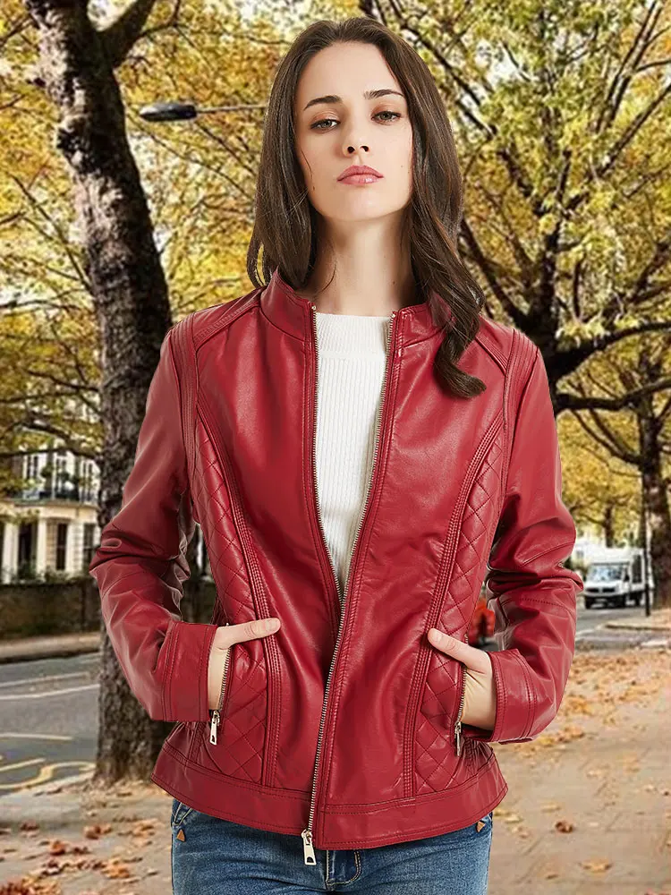 Giolshon Luxury Faux Leather Casual Jacket For Women Spring Fall And Winter Moto Biker Streetwear Coat Women PU Jacket