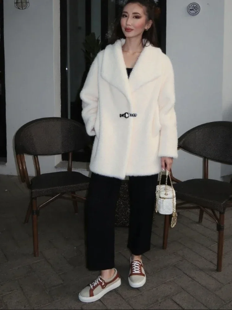 Luxurious Winter Faux Fur Coat for Women Turn-down Collar Belt Thick Warm Outerwears Elegant Middle-length Woman Fur Coats