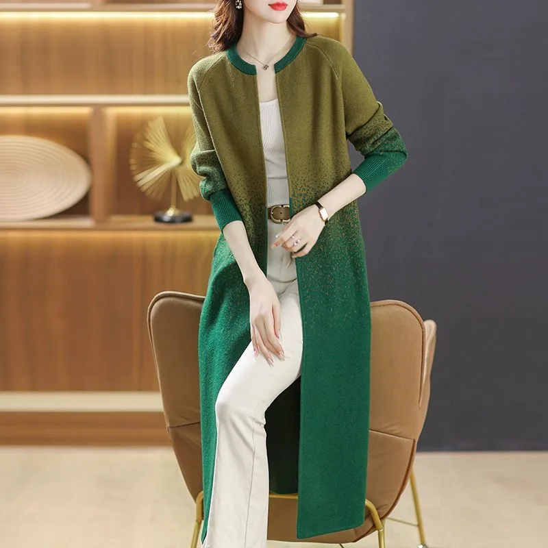 Autumn Winter Casual Loose Knitted Tunics Cardigan Women Clothing Thick O-neck Gradient Fashion Loose Wool Sweater Knitwea Coat