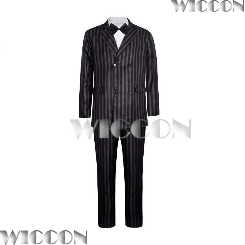 

25COSGomez Addamss Dad Family Косплей Полосатый Костюм Черный Полный Комплект Одежды Парик Усы Опора Человек Хэллоуин Cos Comic Con Customiz