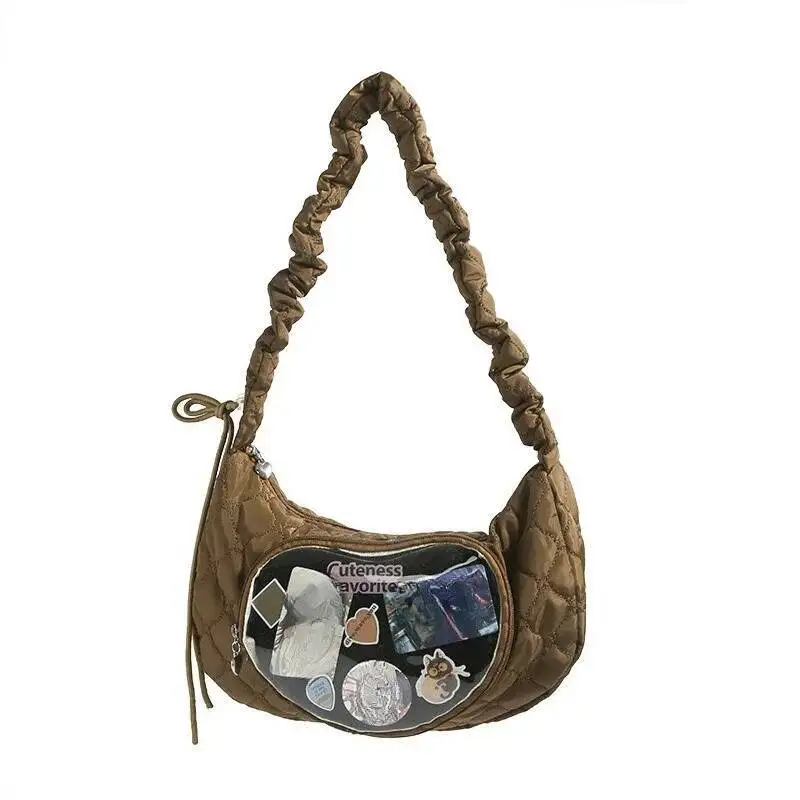 Transparent Heart Pleated Ita Bags Vintage All Match Women Casual Crossbody Bag Fashion Sweet Y2k Aesthetic Shoulder Handbags