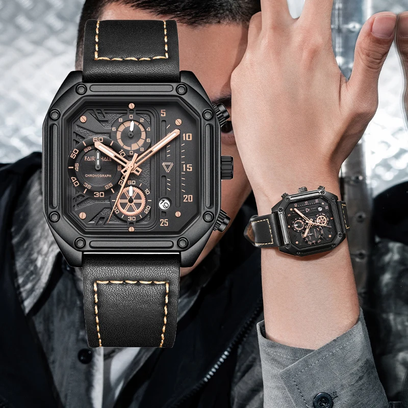 MARK FAIRWHALE New Luxury Casual Men's Quartz Watch Leather Strap Chronograph Date Waterproof Luminous Man Watches