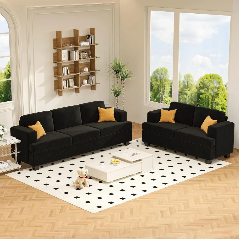 أطقم أريكة Loveseat و3 مقاعد، طقم أريكة مريح باللون الرمادي الداكن لأثاث غرفة المعيشة، أريكة صالة حديثة على شكل سحابة