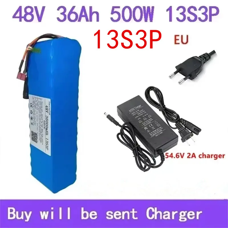 

48V lithium battery electric bicycle 36000mAh 500W 13S3P T plug 18650 lithium-ion battery pack with BMS+54.6V 2A charger