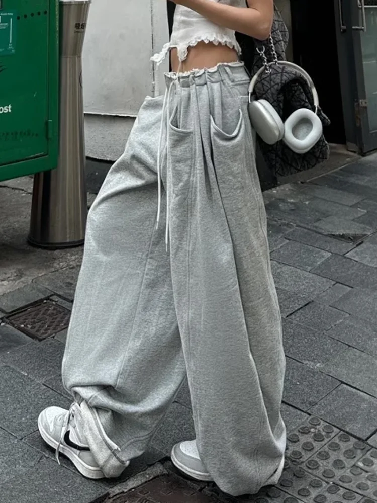 

Американский дизайн: широкие спортивные брюки для женщин, свободные, стройнящие, повседневные, длинные, модные, с высокой талией, прямого кроя.